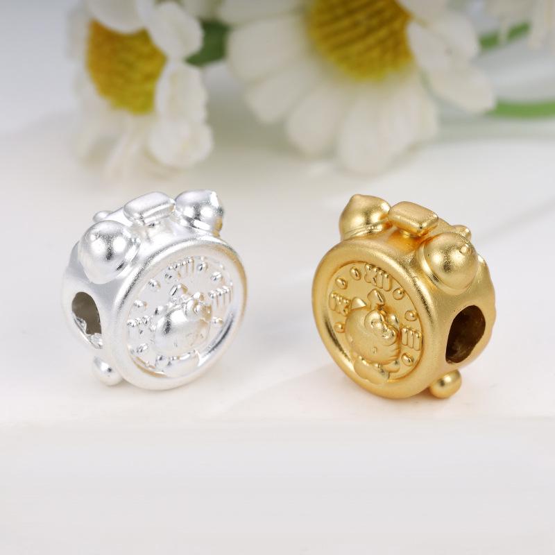 Sterling Silver 999 Hello Kitty Charm Alarm Clock DIY Jewelry Beads.