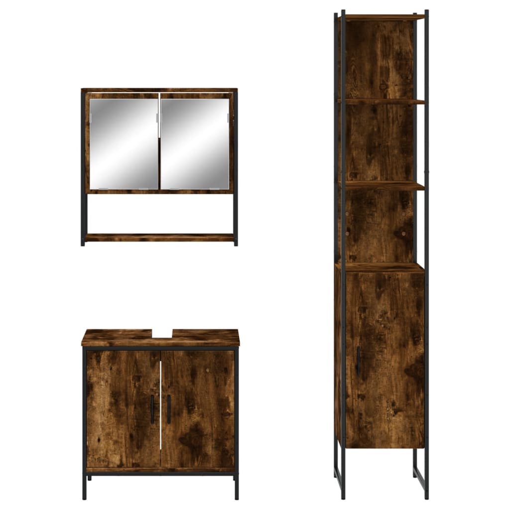 3 Piece Bathroom Furniture Set Smoked Oak Wood Based Material