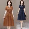 Women's 2023 Summer Solid Color Cotton Linen A-line Dress, Short Sleeve, Casual Slimming Design
