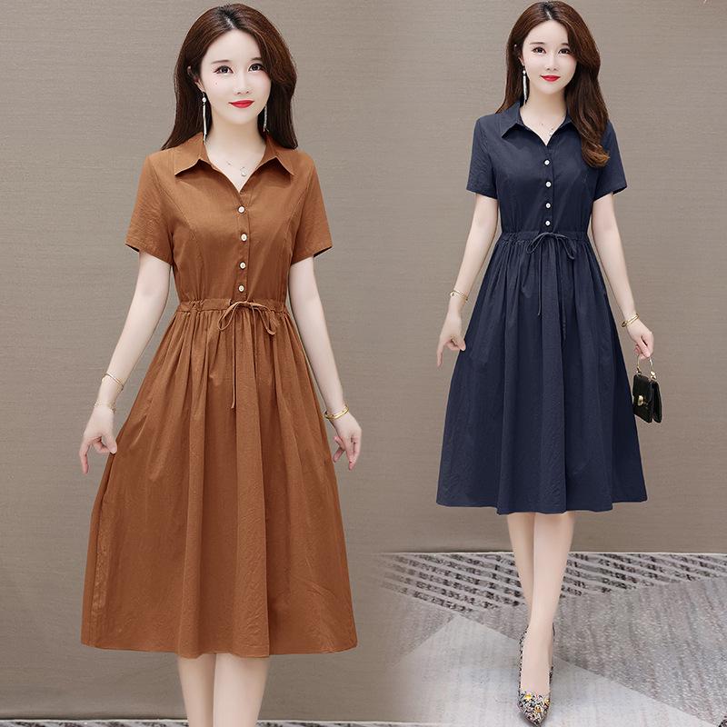 Women's 2023 Summer Solid Color Cotton Linen A-line Dress, Short Sleeve, Casual Slimming Design
