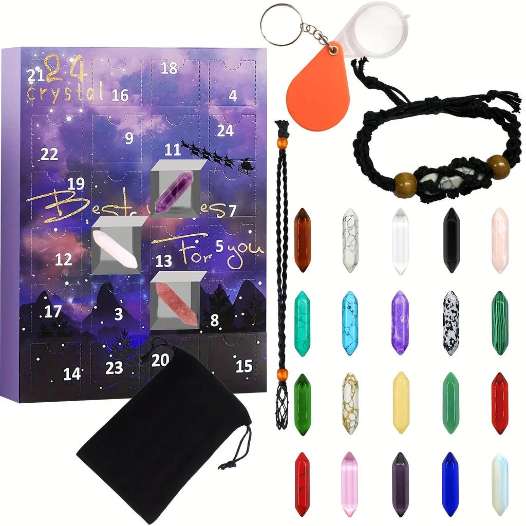 Christmas Advent Calendar Natural Crystal Gemstones Collection Box 24 Days Countdown Calendar Crystal Stone Gift Box for Kids
