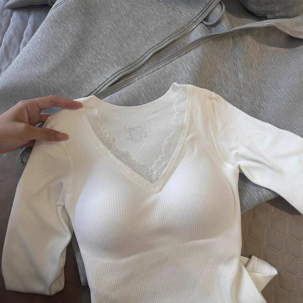 Warm Lace Trim V-Neck T-Shirt with Built-In Bra - Slim-Fit & Versatile for Autumn/Winter 2025