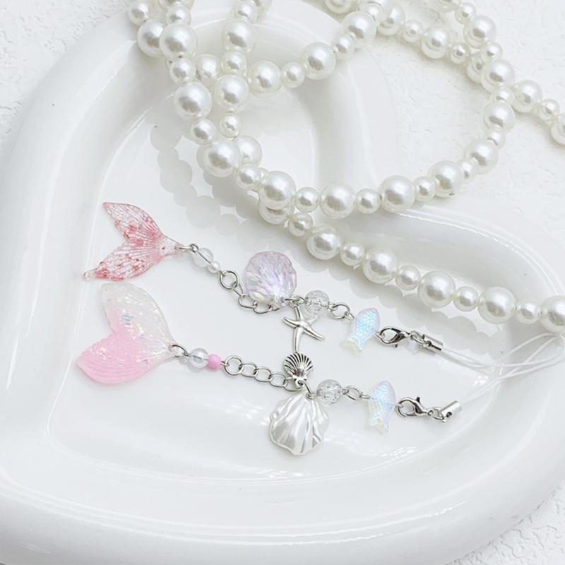 Shell Fish Tail/Bass/Heart Needle Keyring Phone Charm Detachable Phone Lanyard Beaded Keychain Jewelry for Wallet
