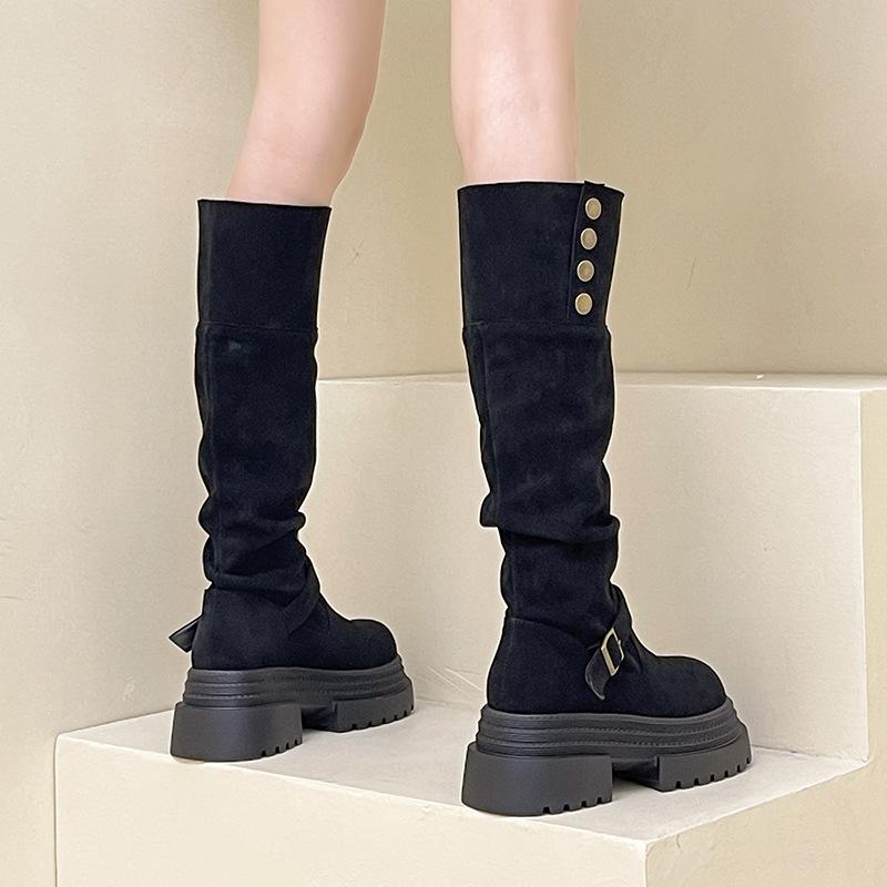 Retro British Style Thick-heeled Thick-soled Boots for Women's Autumn and Winter Fashion Versatile Suede and Thin Two Wear High-heeled Knight Boots