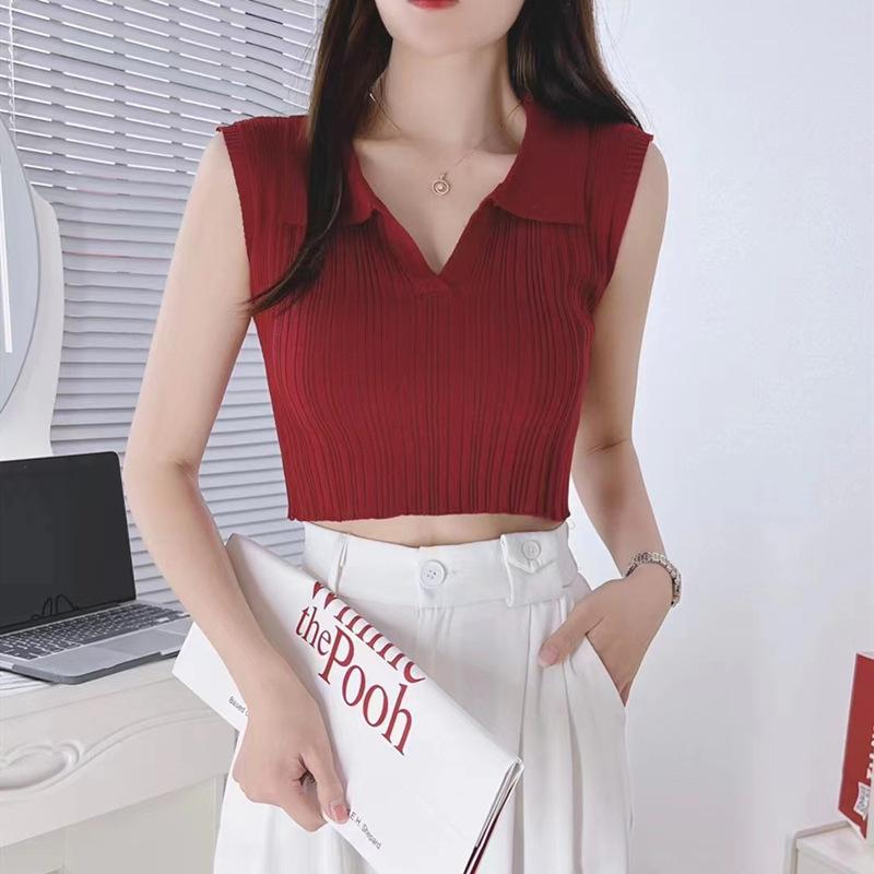 Summer Korean Version of Sexy Internet Celebrity New Lapel Striped Short Versatile Knitted Suspender Vest Top for Women