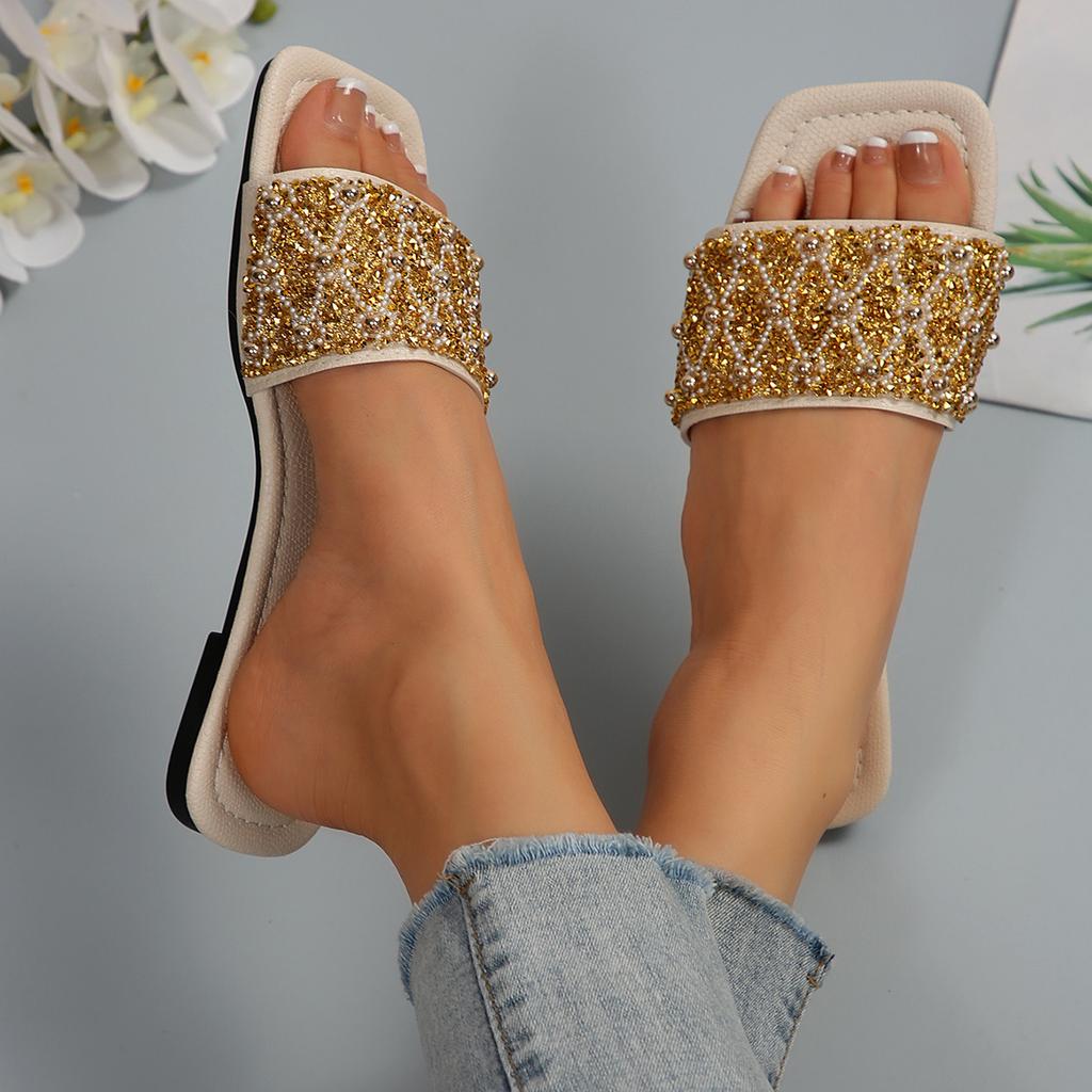 [Foreign trade] Foreign trade flat-bottomed slippers women's pearl rhinestone outer wear square head sandals