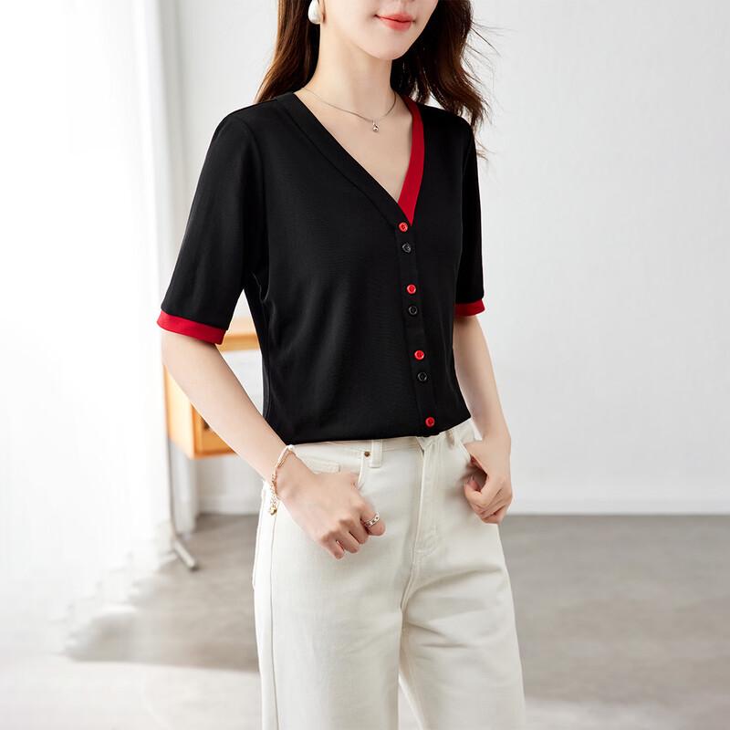 Srcr Women s Chic Color Block Mulberry Silk Short Sleeve Shirt XXL