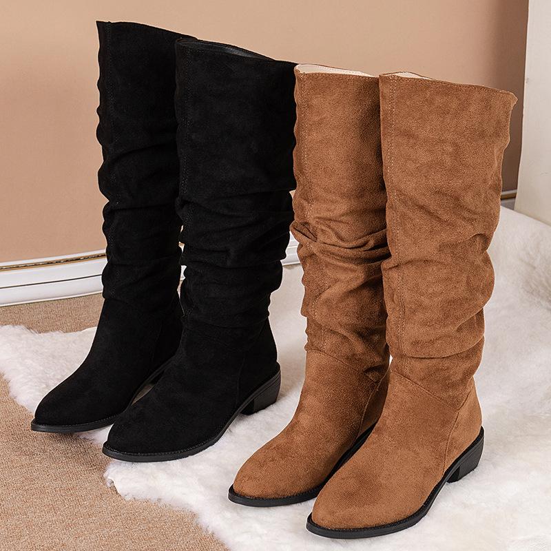 Solid Color Comfortable Women Fashion Knee-high Fashion Boots Round Head Square Heels Increase Large Size Winter High Boots