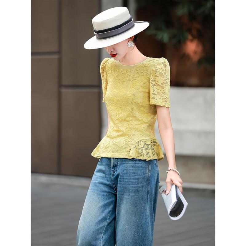 Lan Se Er Elegant French Crocheted Lace Ruffle Hem Short Sleeve Top M светло-желтого