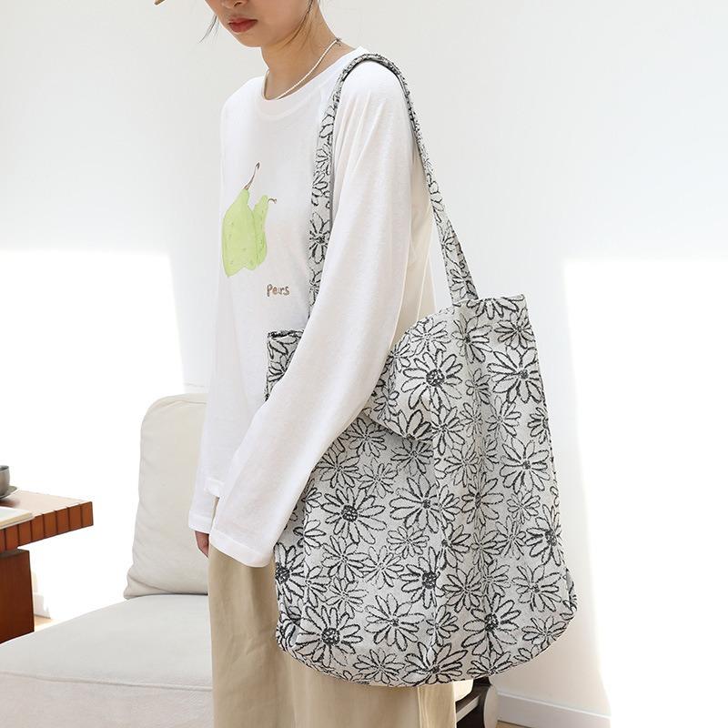 Casual Literary Tote Bag Versatile Fashion Embroidery Washing Water Flower Contrasting Color Shoulder Women's Bag