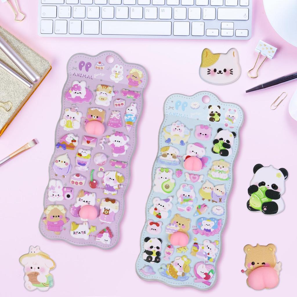 Set of 4 Squishy 3D Stickers with Cute Animal Perfect for and Sticky Decorations for Kids and Craft and Gifts Characters, Decorating, Treats, Diaries,