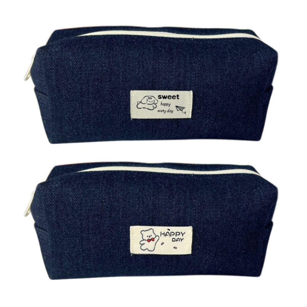 Large Capacity Stationery Bag Dark Blue Stationery Organizer Cute Denim Pencil Case  School Office