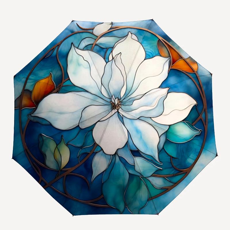 

1pc Magnolia Stained Glass Automatic Open/Close Umbrella, Compact Travel Umbrella, 8-Rib Sturdy Frame - Ideal Gift for Friends yy251118033
