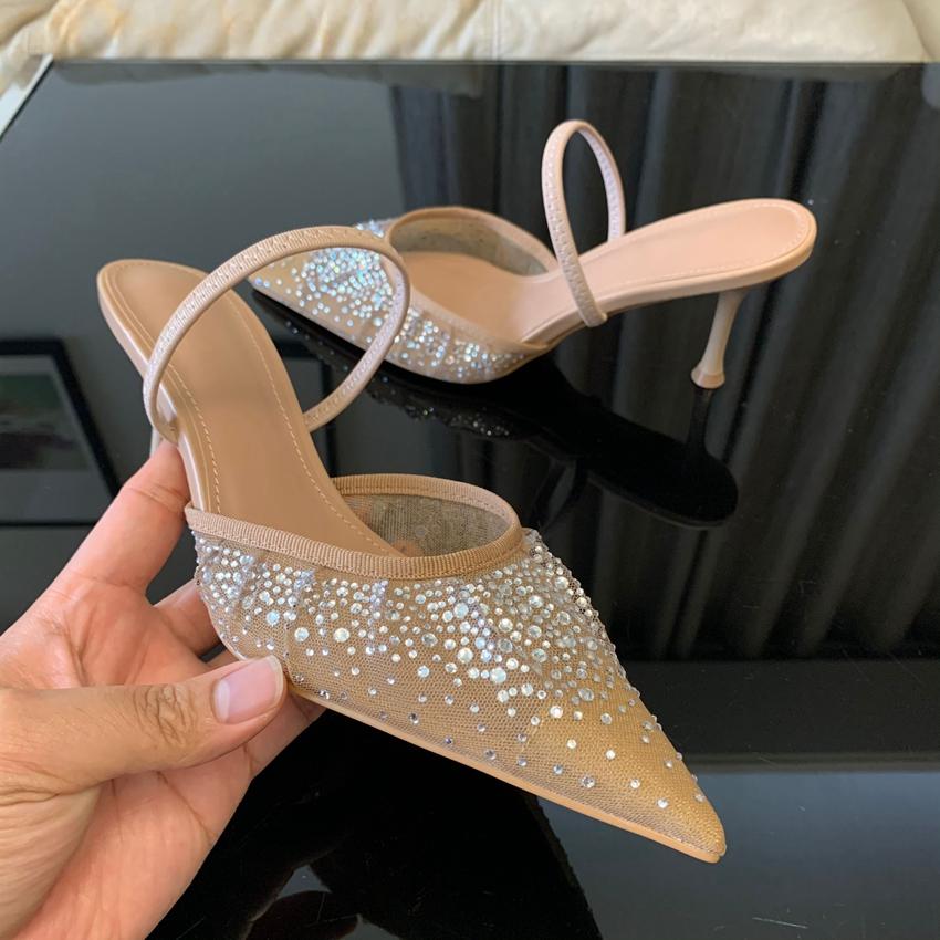 Damen High Heels Sandalen Sommer Mode Mesh Strass Slingback Damen Pumps Elegante Damen Sandalen Party Damen Schuhe