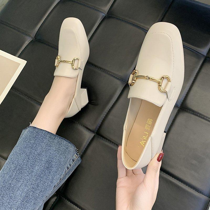 Elegant Womens High Heels with Metal Buckle Loafers Comfortable PU Mid-heel Womens Loafers Casual British Style Oxford Shoes