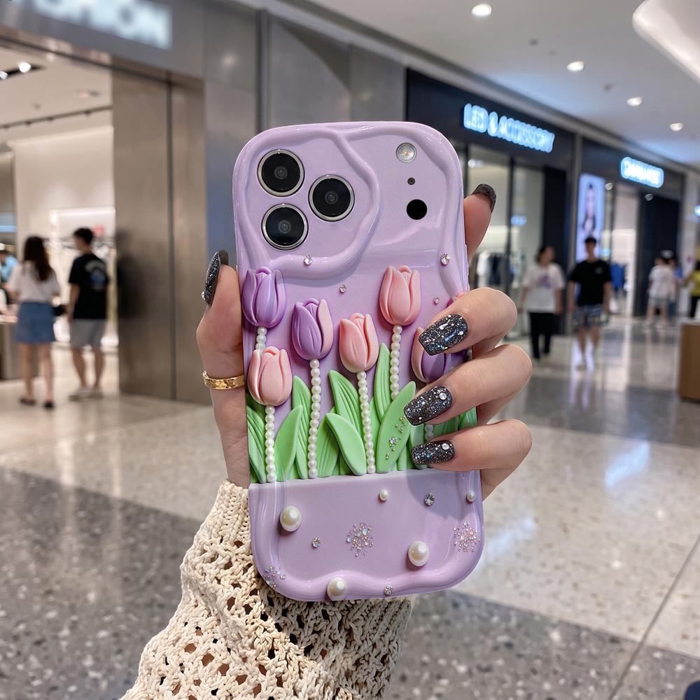 Tulip Pearl Light Lavender Phone Case For iPhone 17 16 15 14 13 12 11 Pro Max Plus Wavy Edge Protective Cover