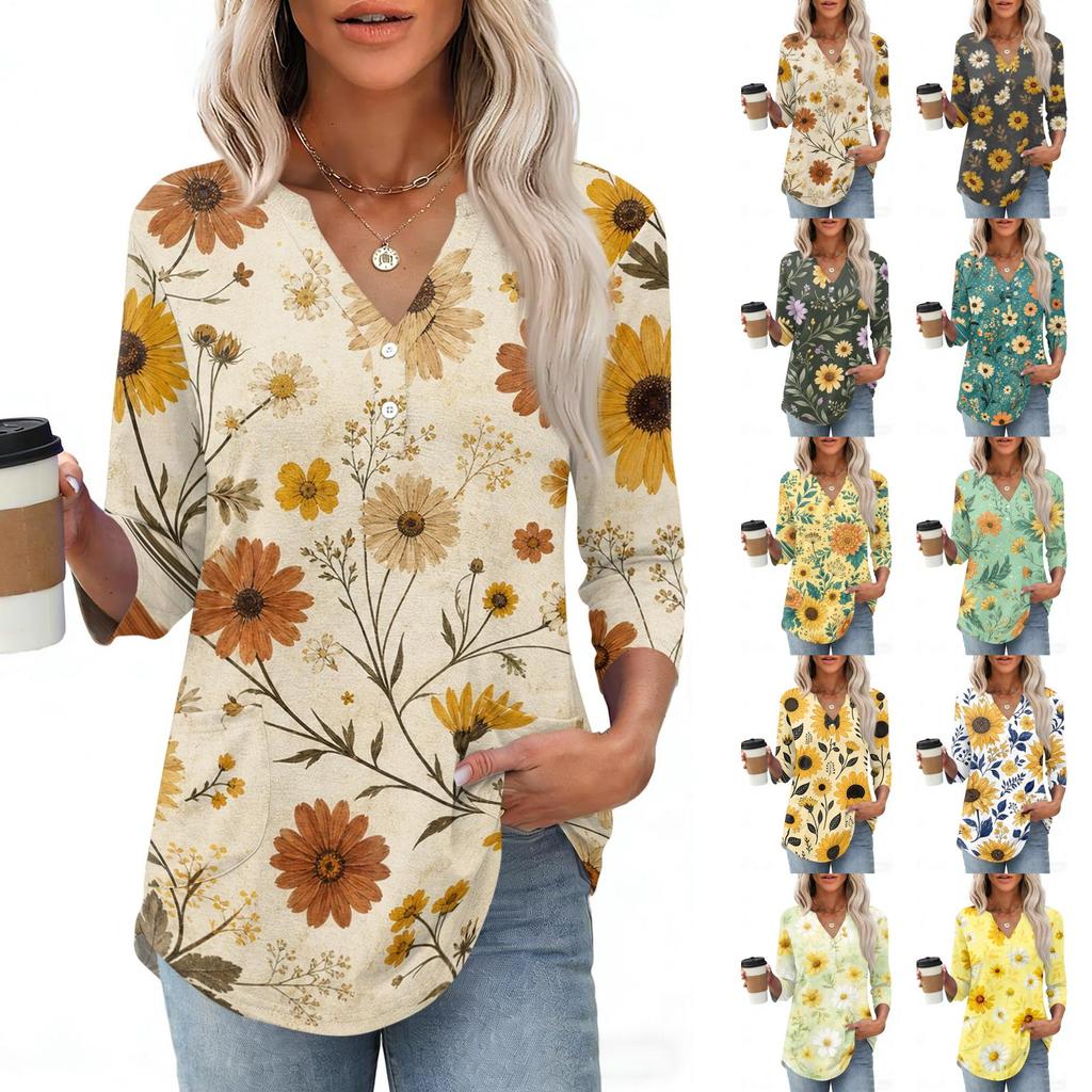 Women 3/4 Sleeve V Neck Henley Floral Print Pullover Casual T Shirt Top Lightweight Soft Fabric Comfortable Fit