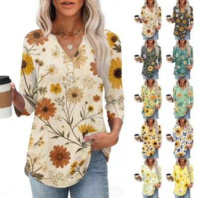 Women 3/4 Sleeve V Neck Henley Floral Print Pullover Casual T Shirt Top Lightweight Soft Fabric Comfortable Fit