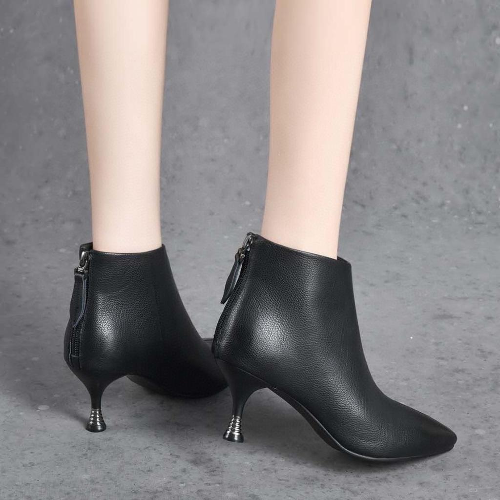 Fashion pointed toe bare boots early autumn new first-layer cowhide iron bag pointed rear zipper fashion short boots ankle boots