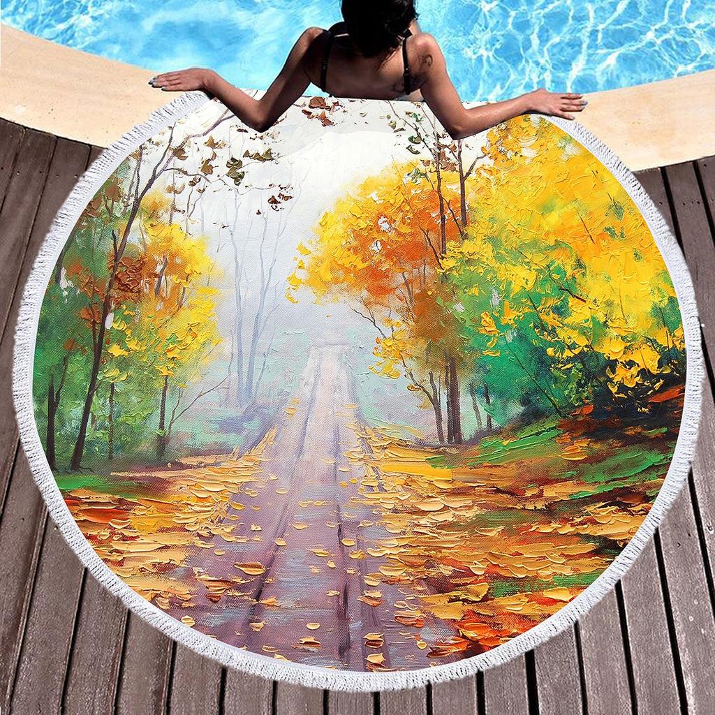 Landscape Art Oil Painting Round Beach Blanket Water Absorbent And Quick Drying Polyester Beach Towel Pool Towel Picnic Blanket