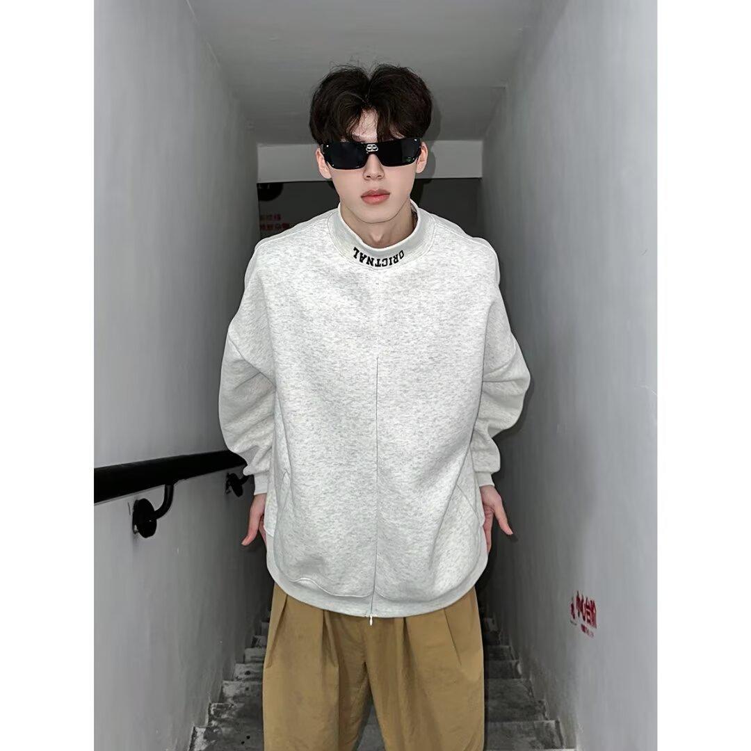 

Vintage semi-turtleneck gray sweater men s and women s national tide niche half-section zipper design sense youth pullover sweater 3XL