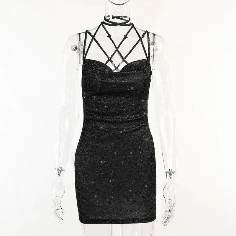 

Knitted Backless Slip Party Evening Dress Women Fashion 2026 Sexy Club Short Dress Woman Slim High Waist Sequin Dresses 30623 S чёрный