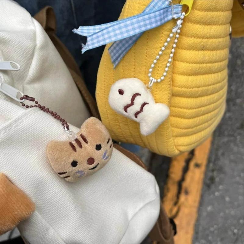 2pcs Lovely Little Cat and Fish Plush Toy Keychain Backpack School Bag Pendant Keyring Phone Chain Friend Couple Gift