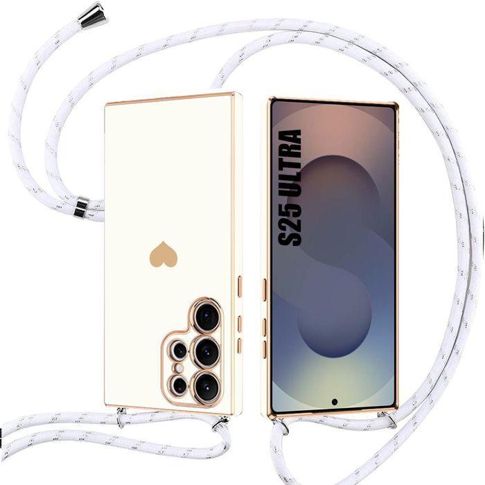 Coque pour samsung galaxy s25 ultra - silicone motif cœur anti-rayure avec cordon blanc