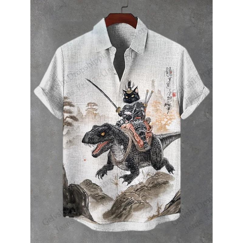 Men's Shirts Warrior Samurai Cat Print Hawaii Beach Shirt For Men 3d Print Hawaiian Shirt Women Fashion Short Sleeve