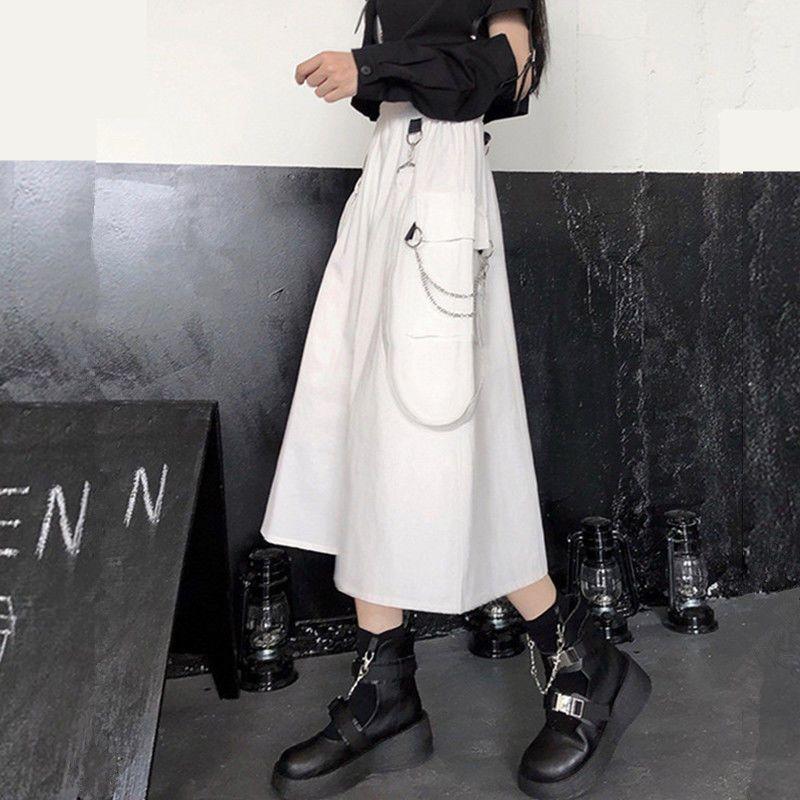Student Gothic Long Techwear Skirts Women Grunge Punk High Waist Chain Pocket Strap Black Cargo Skirts Goth Harajuku Streetwear