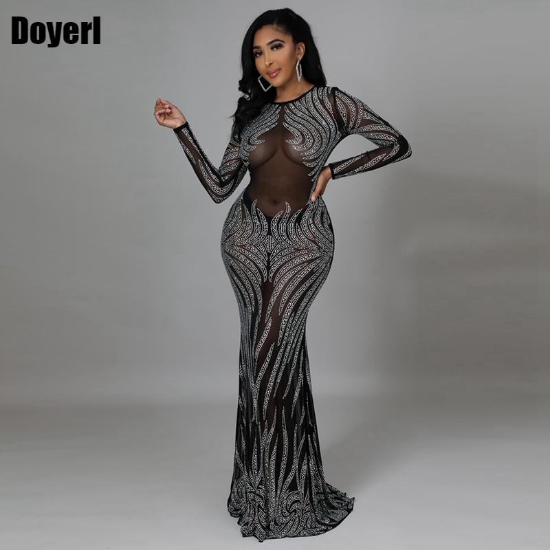 Sparkly Rhinestone Stretchy Mesh See Through Dress Women 2025 Performance Dancer Costume Luxury Birthday Nightclub Stage Outfit