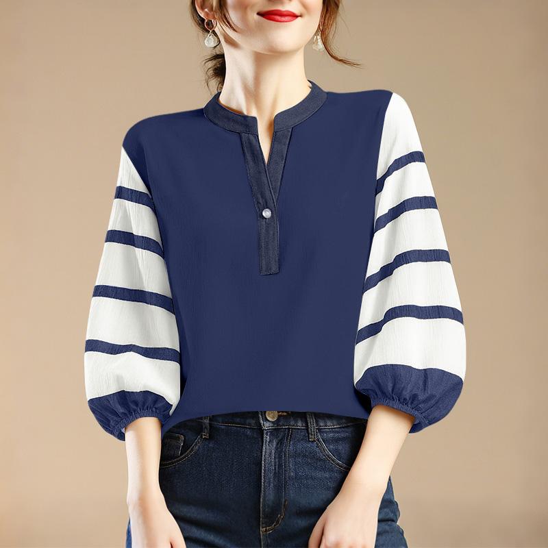 

ZANZEA Женская повседневная блузка с V-образным вырезом, полосатой вставкой и рукавом 3/4 5XL тёмно-синий