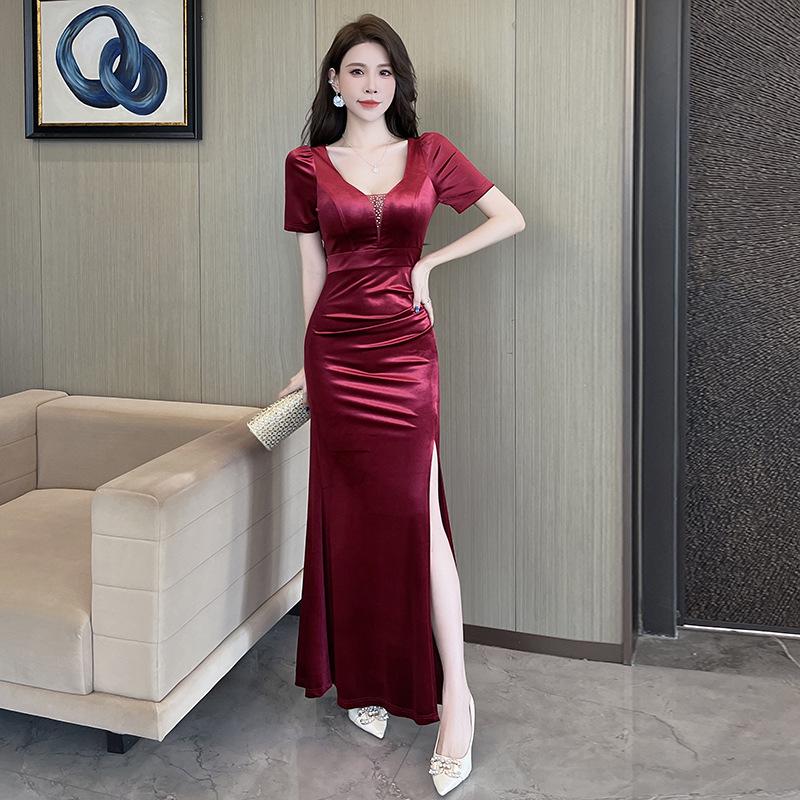 Elegant Velvet V-Neck Slit Maxi for Nightclub