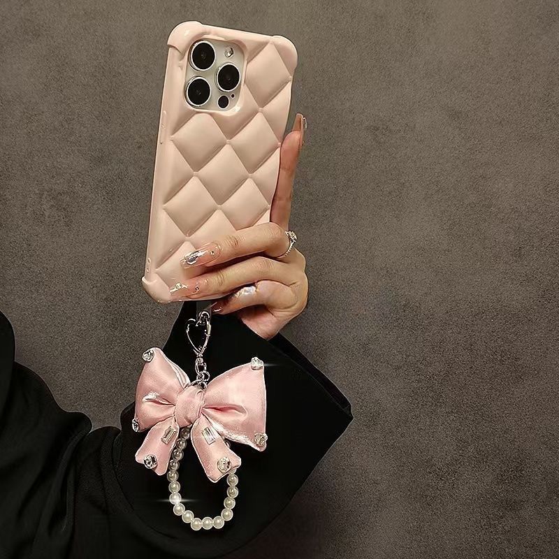 Różowa kokardka z perełkami brelok na nadgarstek zawieszka do telefonu akcesorium do torby