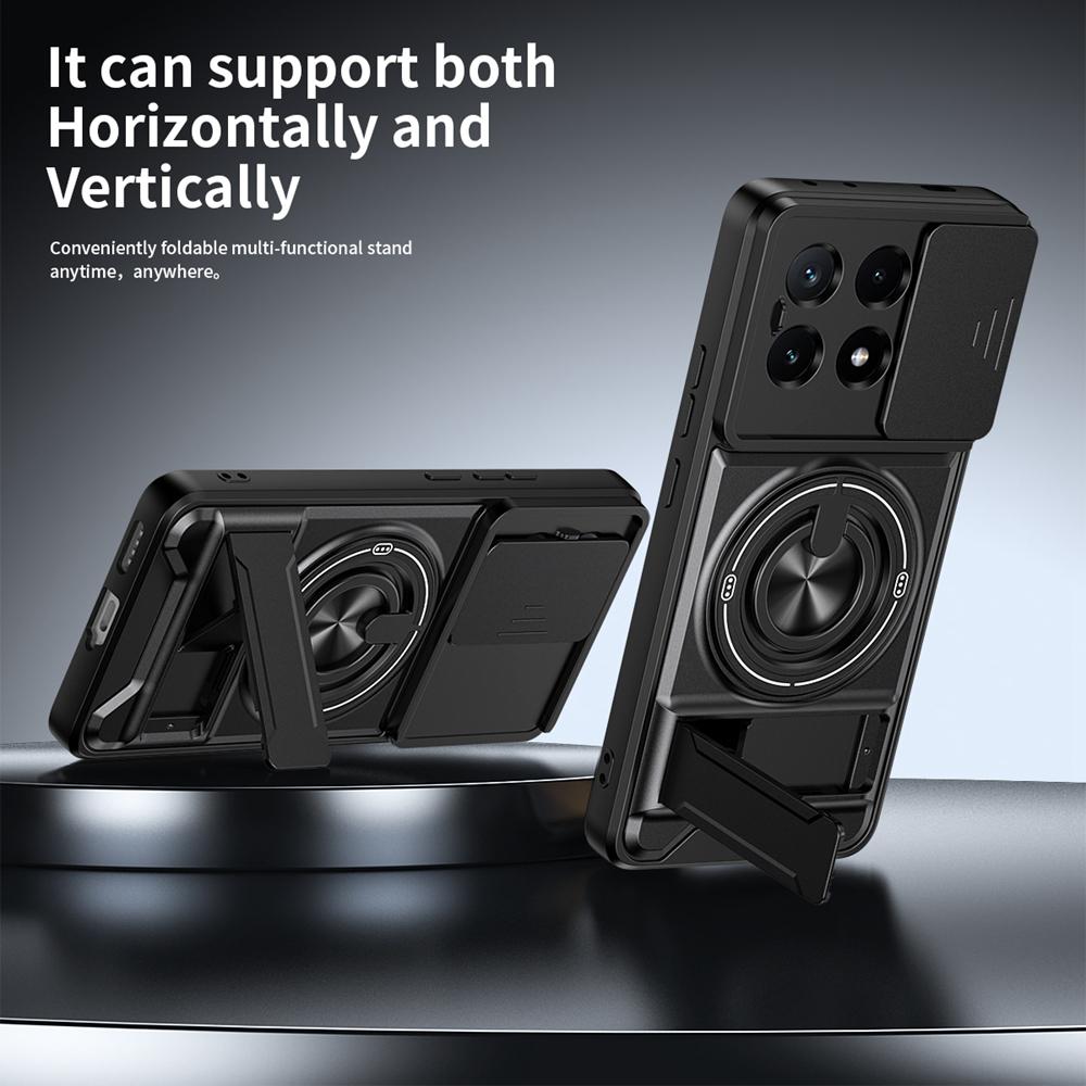 KEYSION Magnetic Phone Case for Xiaomi POCO X6 Pro 5G Slide Camera Lens Protection Upright Kickstand Ring Shockproof Back Cover