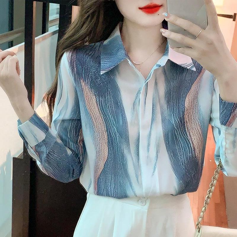 Herbst Senior Designgefühl Druck Einreihige Bluse Damen Neu Langarm Klassischer Polokragen Chiffon Pulloverhemd