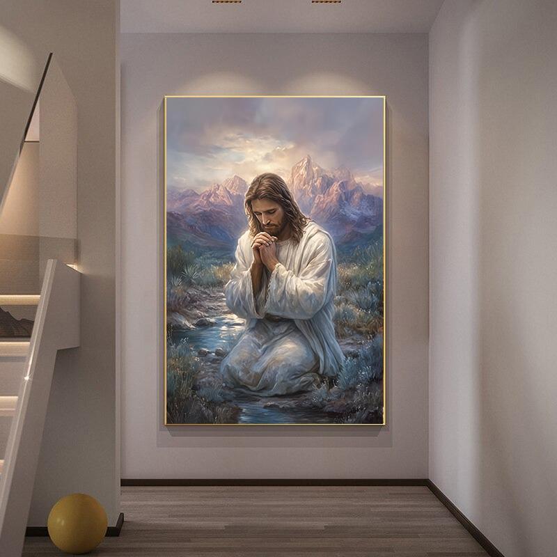 Jesus Praying Wall Painting Religious Image, Minimalist Nordic Style Prayer Painting  Printed On Canvas Home Decor Wall Art Pictures For Living Room