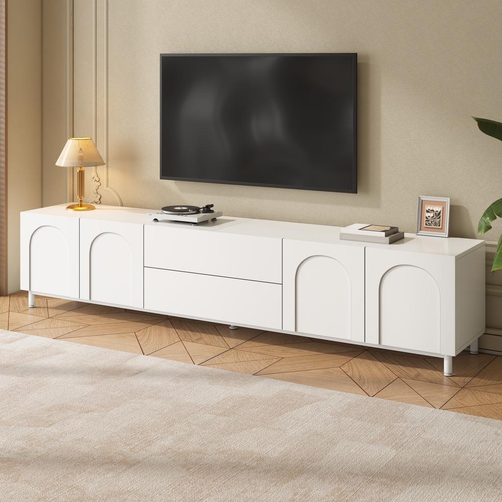 TV Cabinet with Four Doors and Two Drawers, Cabinet made of Chipboard + MDF, Steel Tube Feet, Modern Living Room Storage Cabinet with Arched Doors