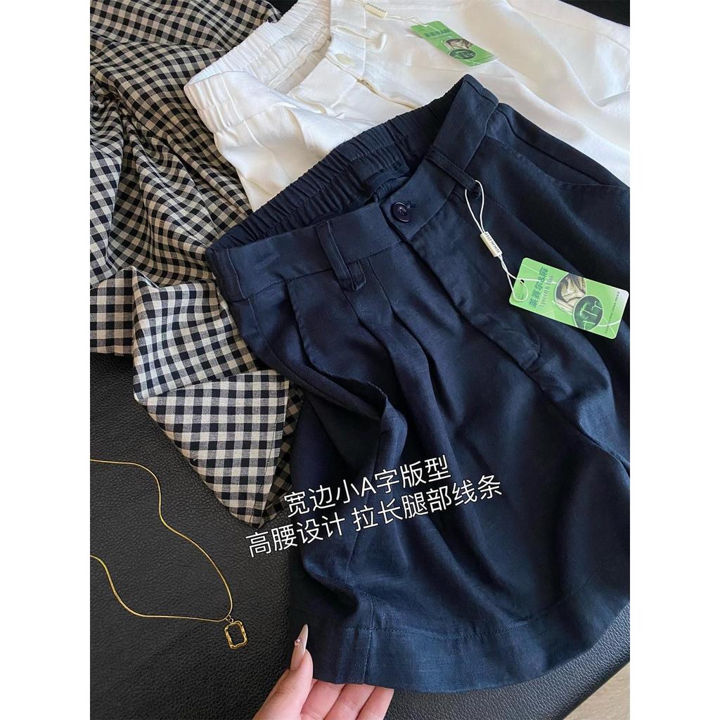 In Blue: High Waist Tencel Linen Bermuda Shorts – Loose Casual A-line Wide Leg Design
