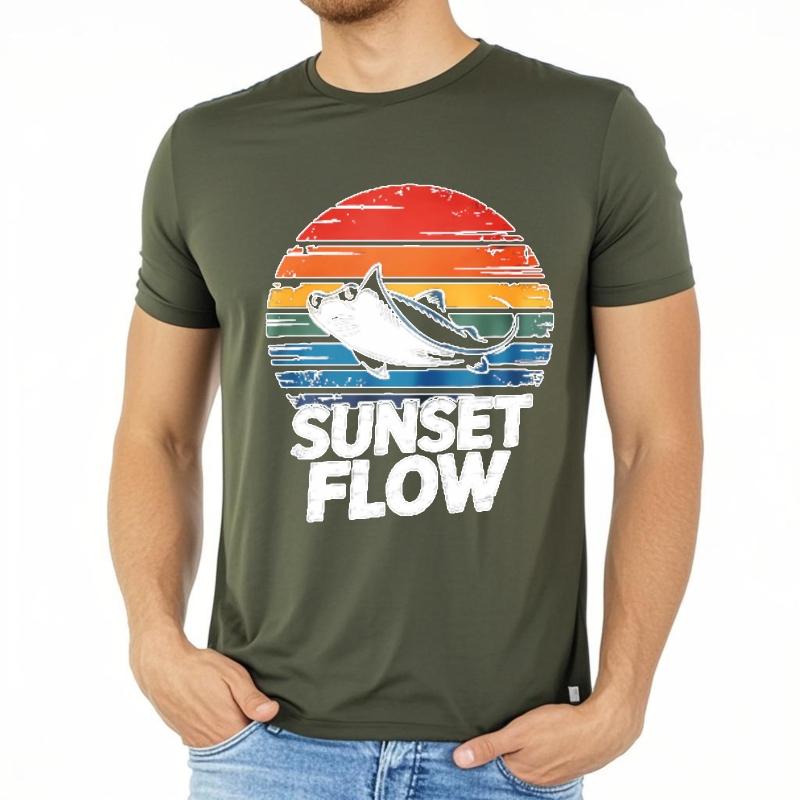 New Arrived Men Oneck tshirt Fashion Teeshirt Sunset Fish Retro Colorful Design Flow Pattern Anime Men Top tees Comfort Tshirt