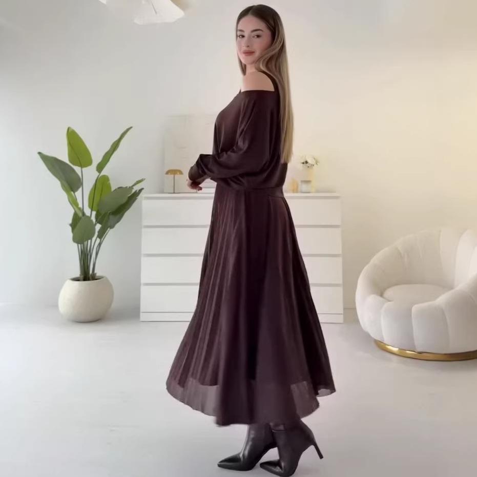 Cross-border European and American women's clothing Amazon sexy casual slanted shoulder long-sleeved top suspender bottom dress