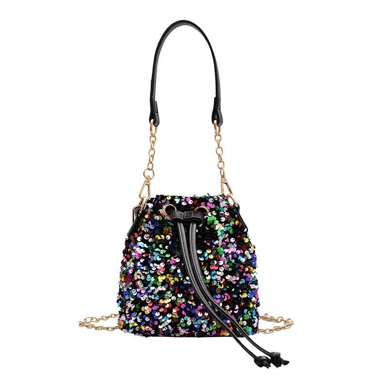Damen Kordelzug Beuteltasche Tragetasche Schultertasche Clutch Tasche Wende Pailletten Kette Umhängetasche Urlaubsgeschenke