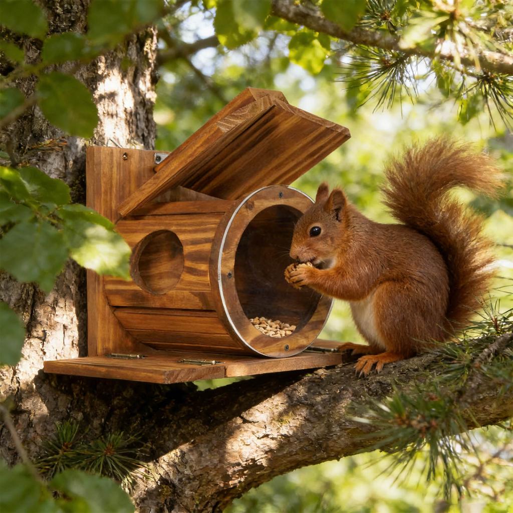 Karmnik dla wiewiórek z okrągłym, przezroczystym oknem.  Solidna Stacja Karmienia Wiewiórek Do Użytku Zewnętrznego, Z Otworami Wentylacyjnymi I Opcjami Montażu Dla