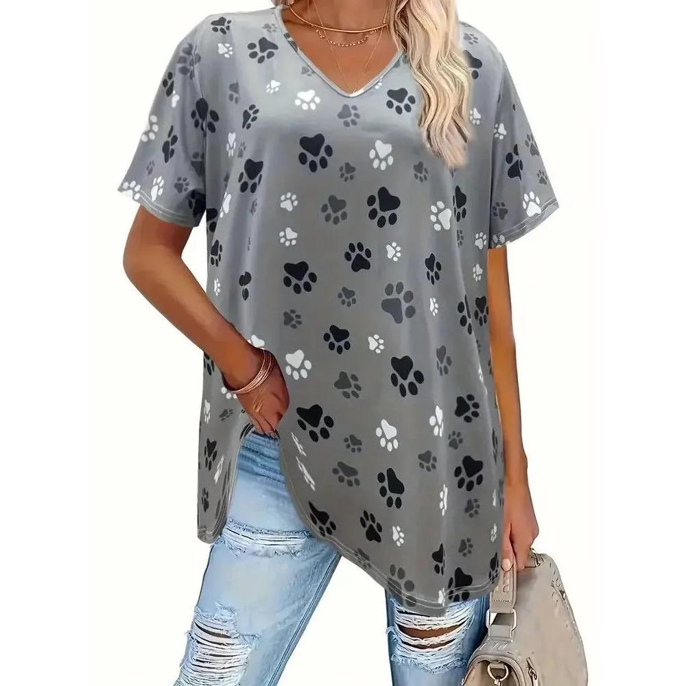 Summer V-neck 3D Cat Paw Pattern Printed Top Fashionable Casual Short Sleeved Women's T-shirts