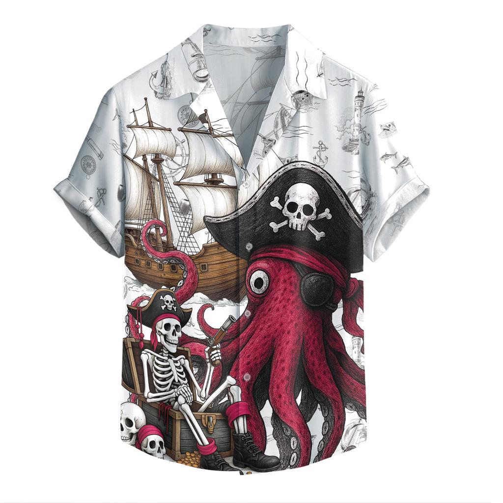 Camicia da Spiaggia Hawaiana Moda Uomo Stampa Teschio Pirata Camicia Retro Casual Abbigliamento da Strada Estiva Uomo Unisex Top a Manica Corta