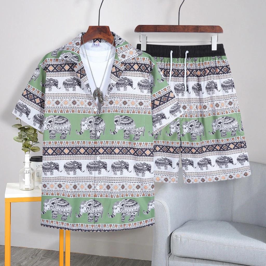 Elephant Pants Shorts Shirt Set V-neck Adjustable Elastic Waist Strap Women Men Unisex Print Thailand Casual Beach Summer Bohemian Retro Vintage