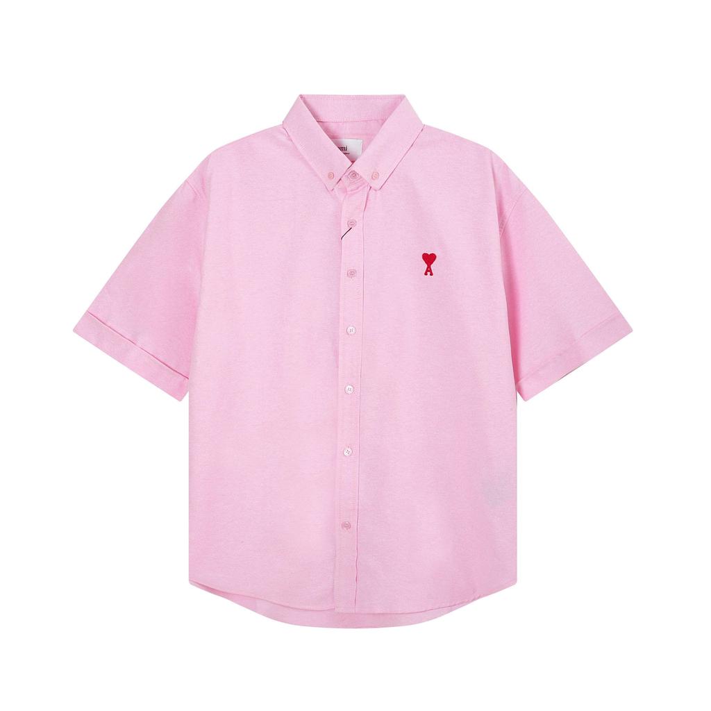 AMI Men's Classic Spring and Autumn Red Heart Embroidered Casual Cotton Solid Color Short Sleeve Shirt On the Chest