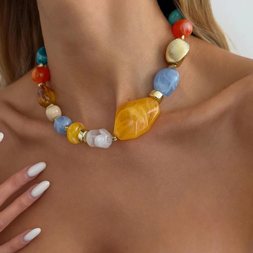 Colorful Beaded Necklace for Women, Multi-Color Irregular Resin Beads Choker, Bohemian Statement Jewelry
