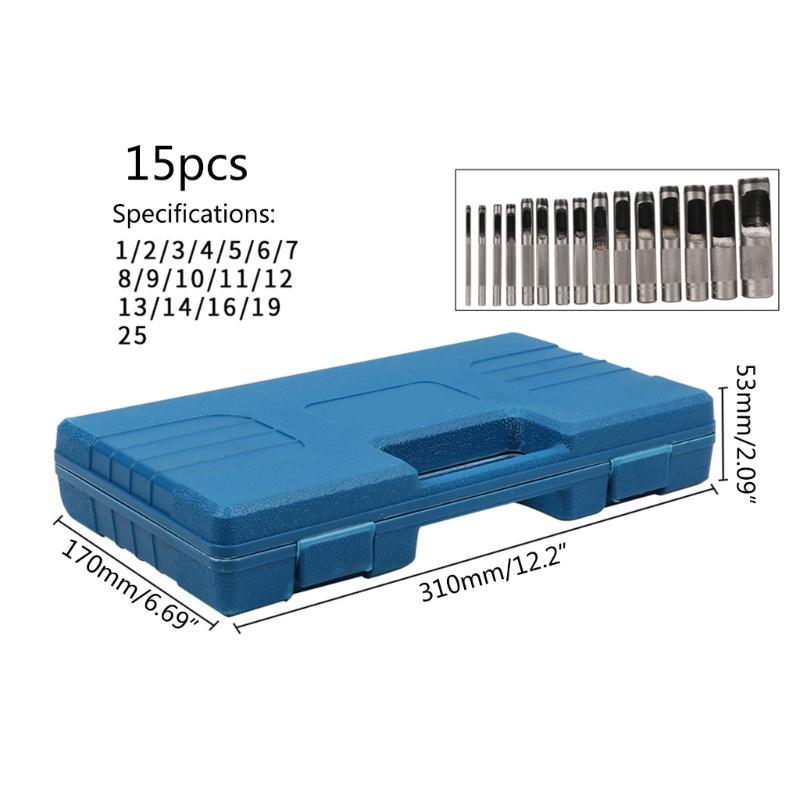 15Pcs Hollow Punch Set Heavy Duty Round Leather Hole Punching Tool for Watch Cloth Belt Gaskets with Storage Case