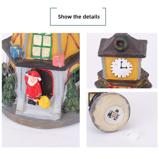 Christmas Village House Figurine LED Light Up Clock Tower Ornament Resin Tabletop Decoration for Holiday Winter Home Decor
